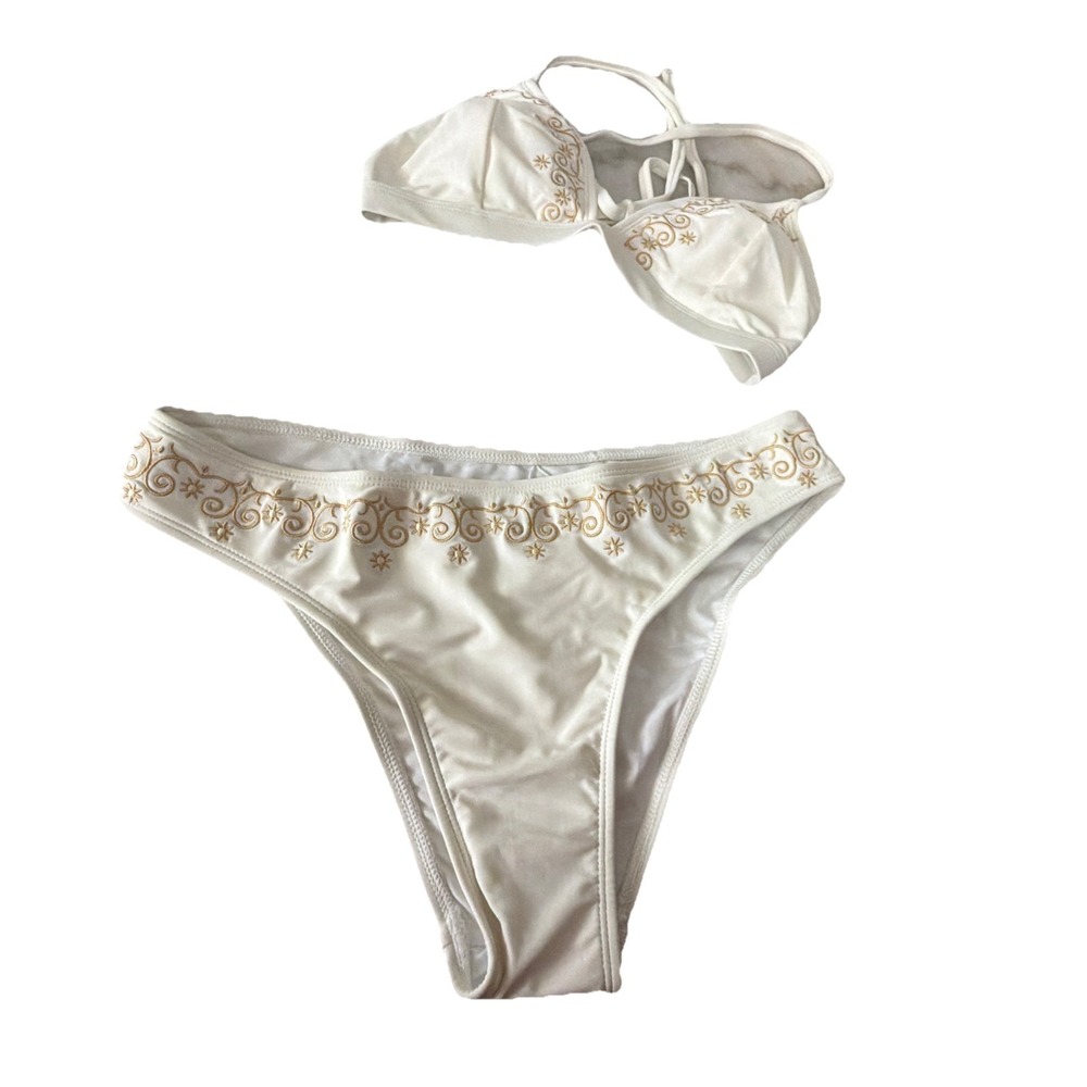NWT Womens Ivory Gold Triangle Bikini Swimsuit 2 Piece Set Whimsical Boho Floral - Picture 5 of 8